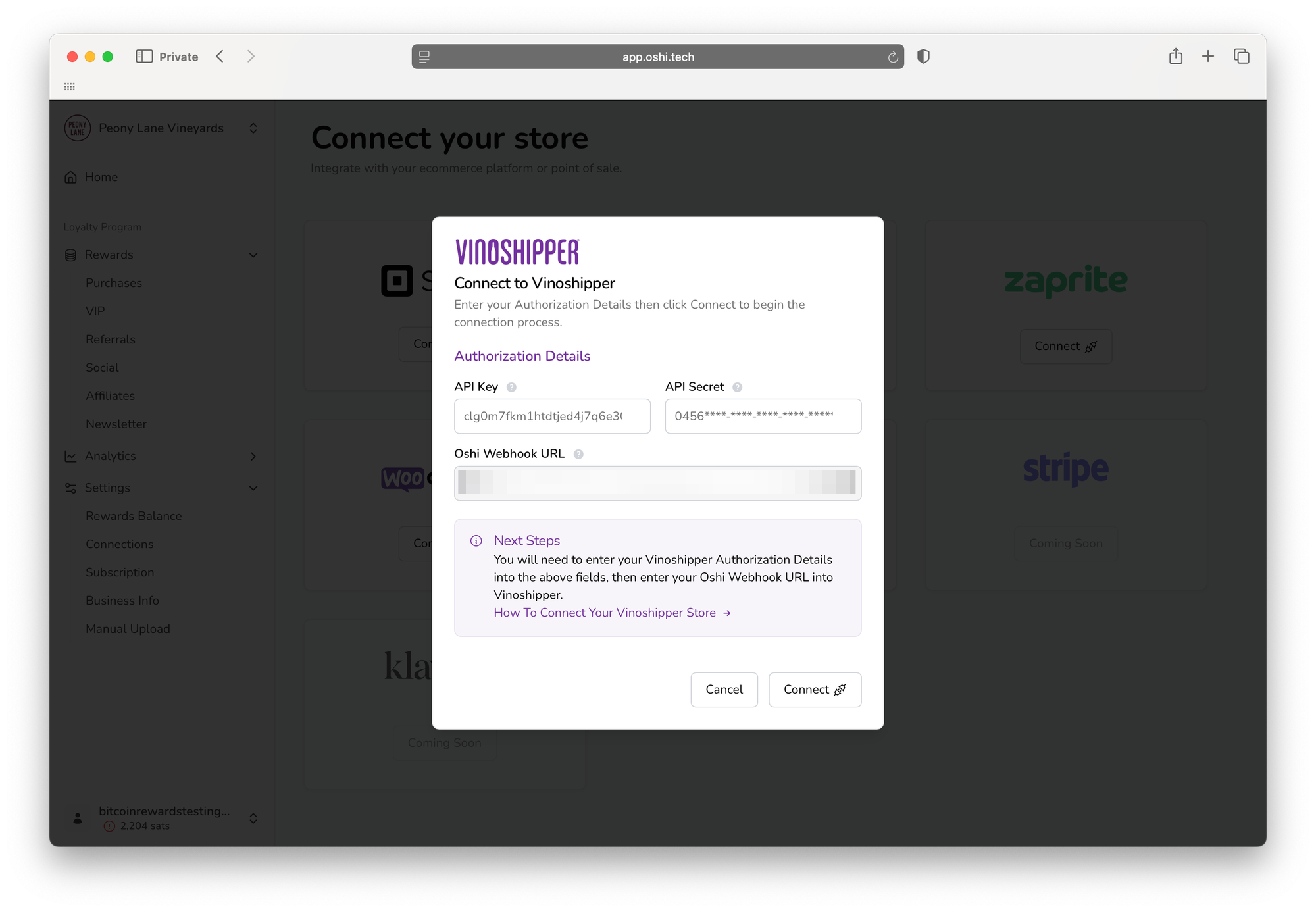 How to Offer Bitcoin Rewards with Oshi using Vinoshipper