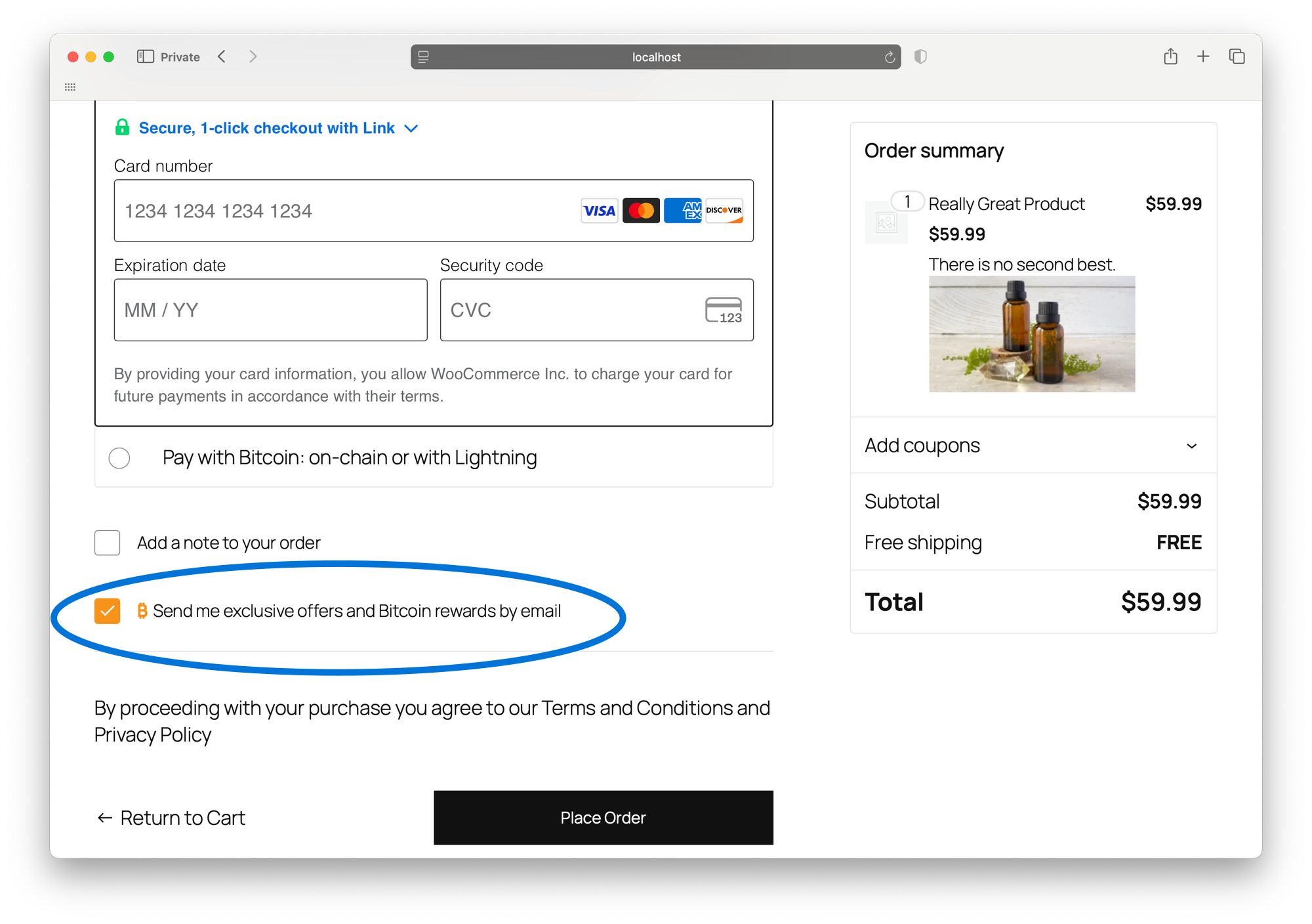 WooCommerce checkout page showing Oshi Loyalty marketing opt‑in checkbox labeled “Send me exclusive offers and Bitcoin rewards by email.”