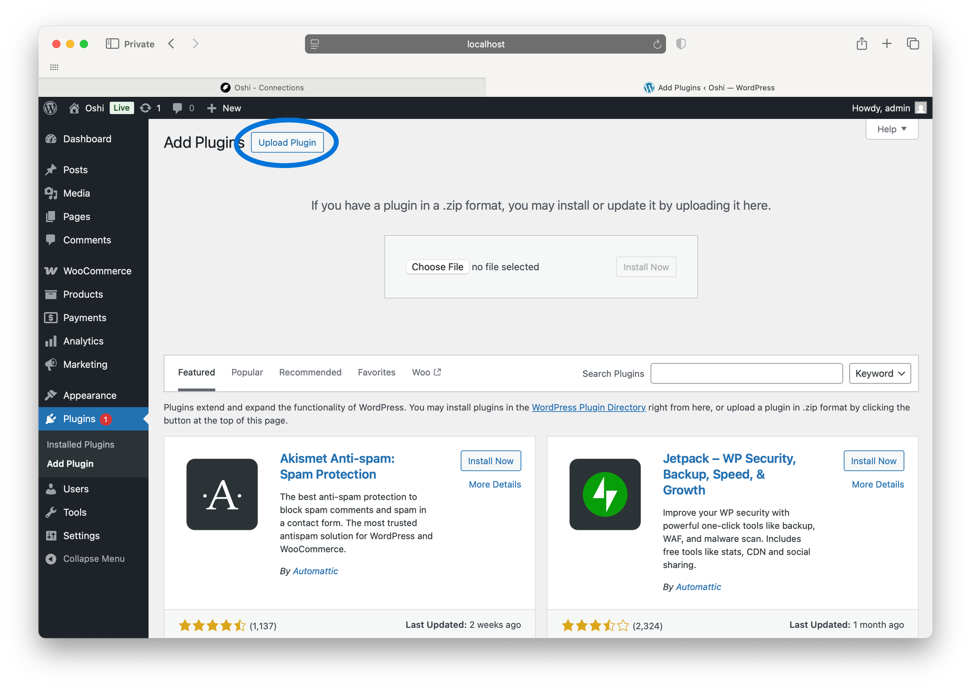 WordPress plugin upload screen with Oshi Loyalty plugin selected for installation