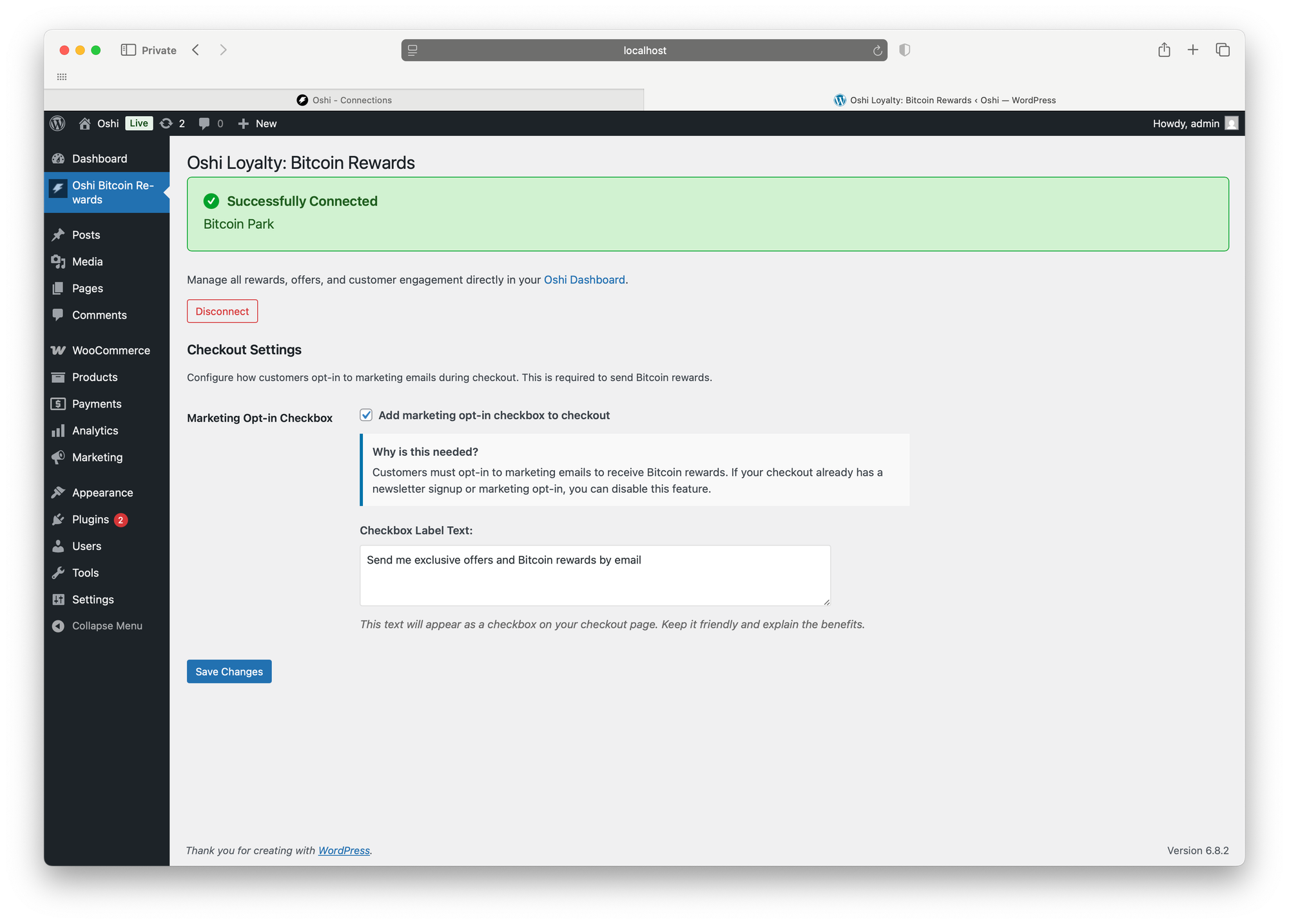 WooCommerce checkout page with Oshi Loyalty marketing opt‑in checkbox for Bitcoin rewards