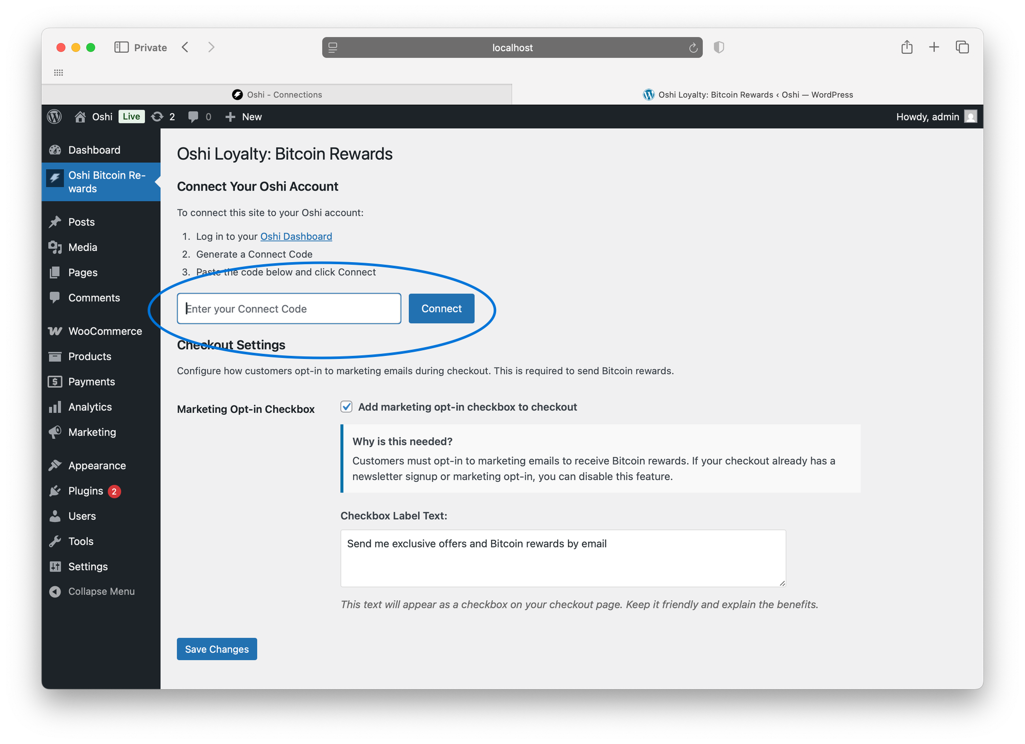 WooCommerce plugin settings screen showing Oshi Connect Code field for linking store to Oshi Loyalty