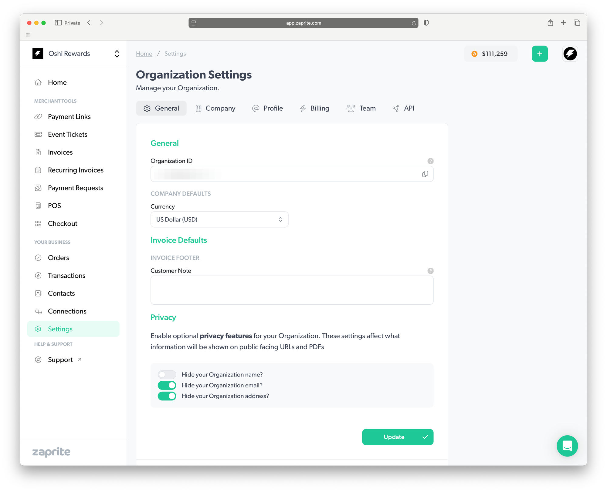 Screenshot of the Zaprite dashboard showing the Organization Settings page, where the Organization ID can be copied, and instructions to generate an API Key under Settings > API.