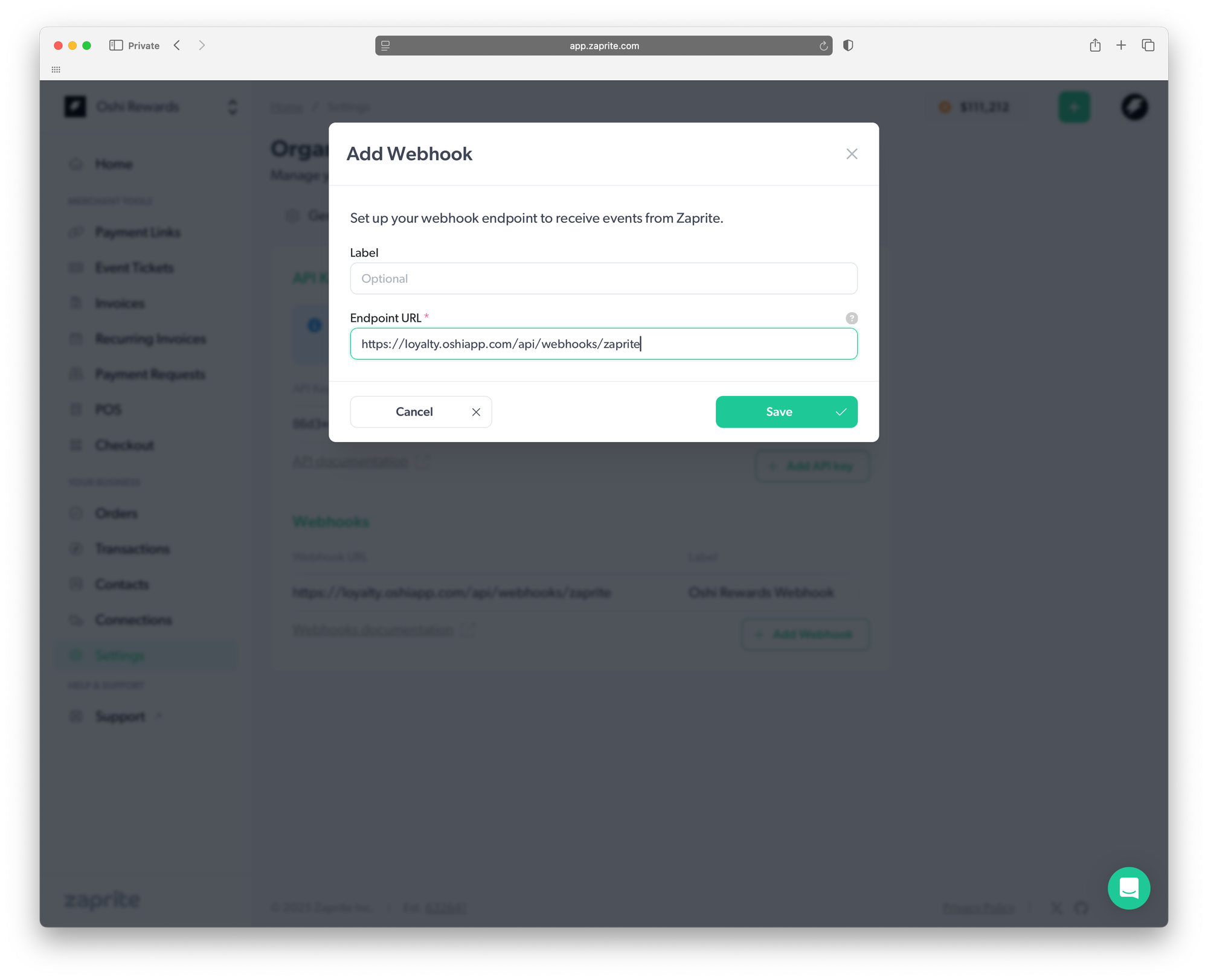 Screenshot of the Zaprite dashboard showing the “Add Webhook” modal. The Oshi Webhook URL is entered into the Endpoint URL field, with options to label and save the webhook.