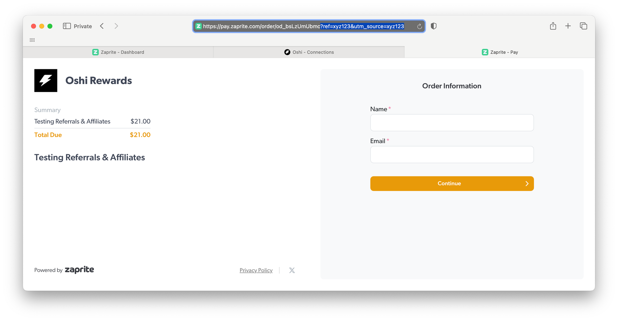 Screenshot of a Zaprite checkout page showing an Oshi Rewards test order for $21. The URL includes referral tracking parameters (?ref=abc123&utm_source=xyz123) to ensure commissions are tracked.