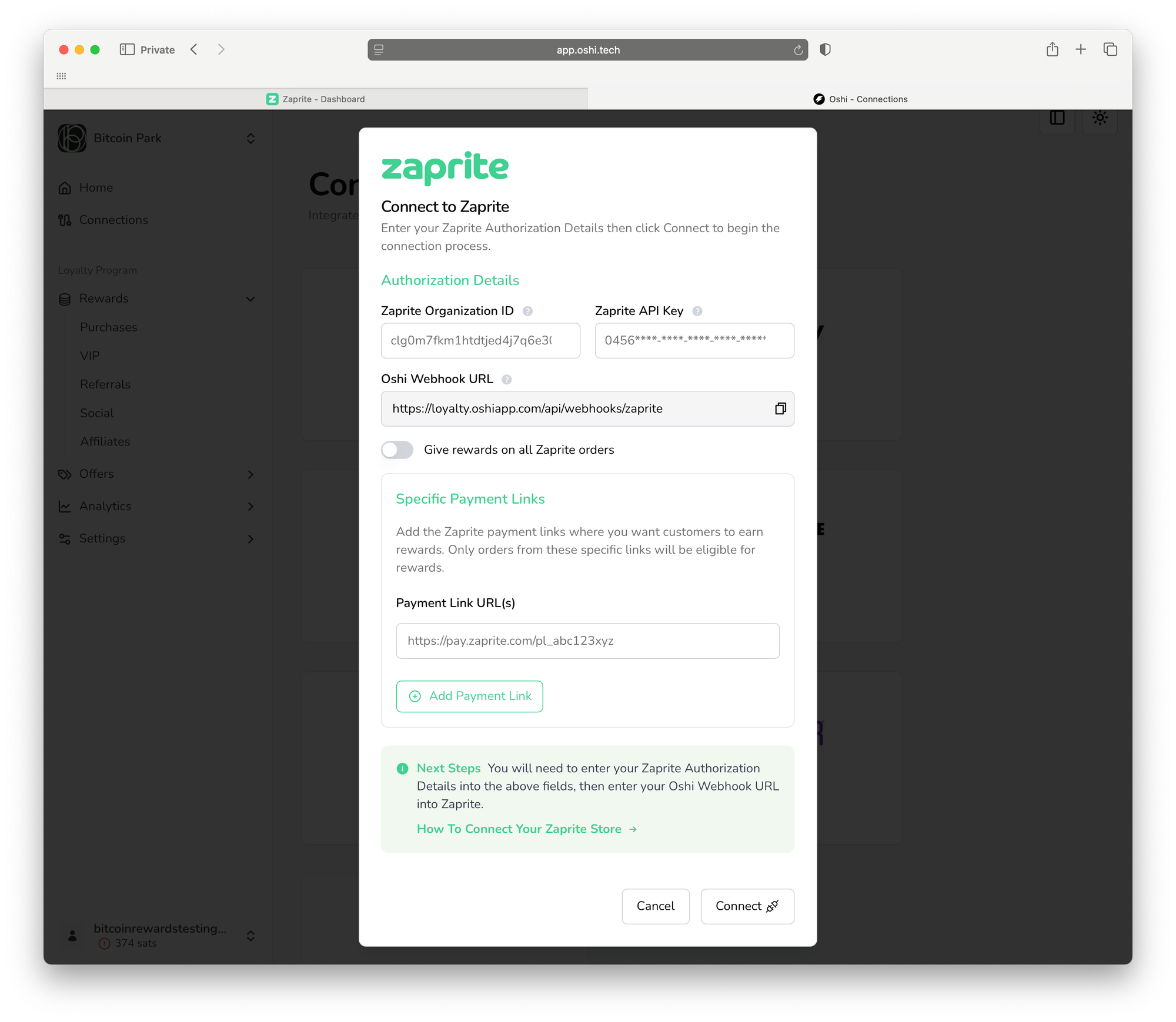 Screenshot of the Oshi dashboard showing the Zaprite connection settings. The option “Give rewards on all Zaprite orders” is toggled off, and the “Specific Payment Links” section is expanded with a Zaprite payment link entered.
