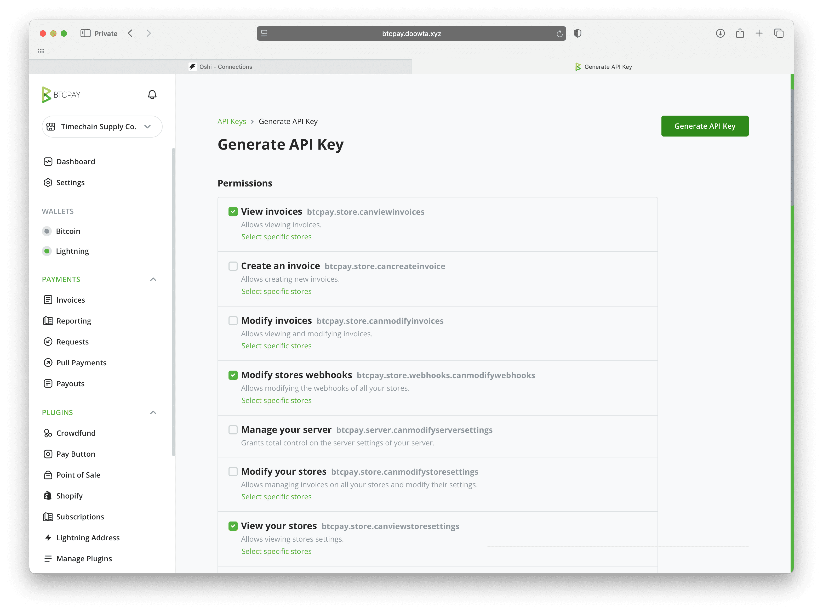 BTCPay Server dashboard showing the Generate API Key screen with permissions selected for View Invoices, View Stores, and Modify Store Webhooks, required for connecting BTCPay Server to Oshi.