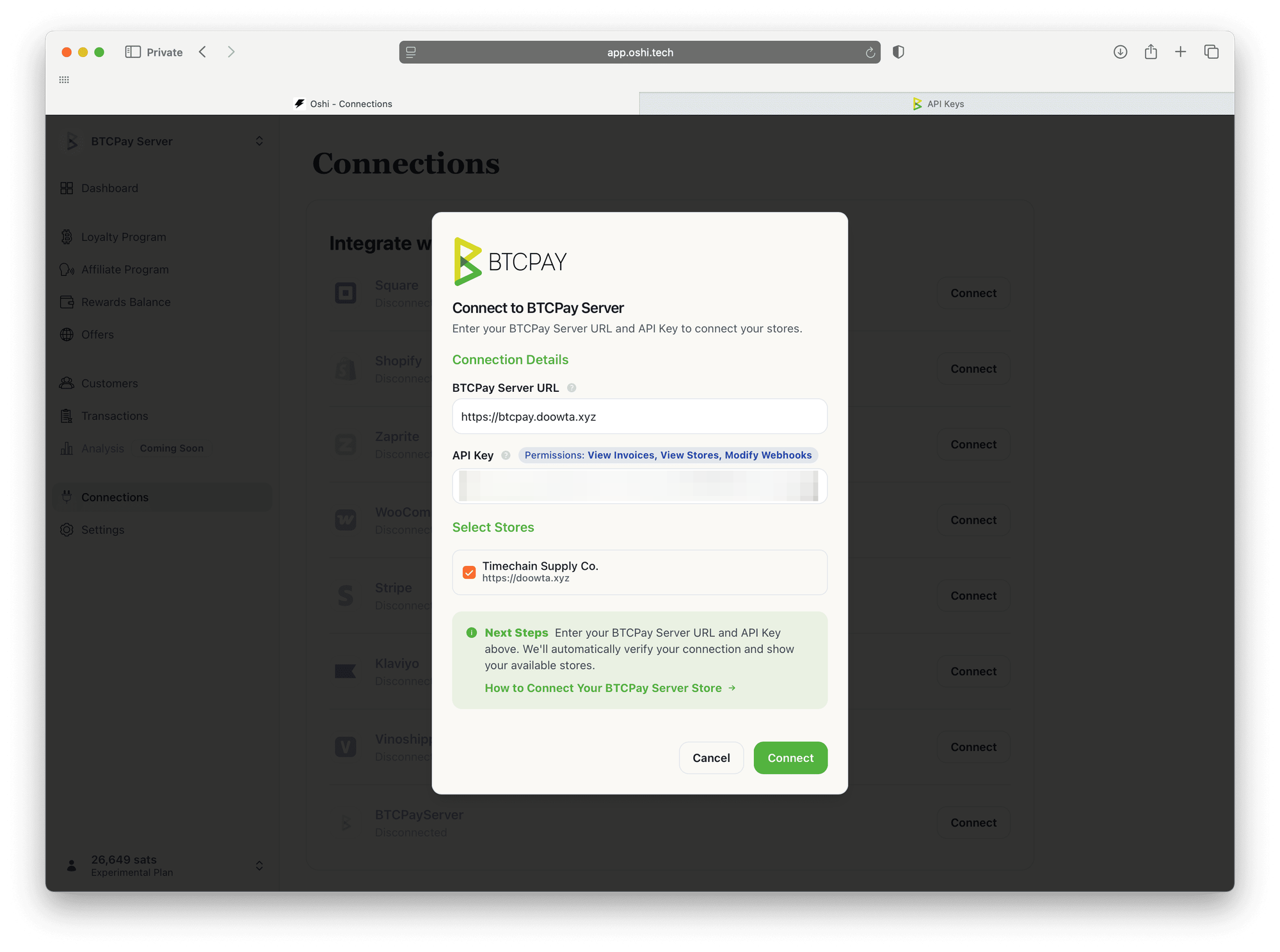 Oshi dashboard showing the BTCPay Server connection popup, with fields for BTCPay Server URL, API key, and store selection — demonstrating how to connect BTCPay Server to Oshi.