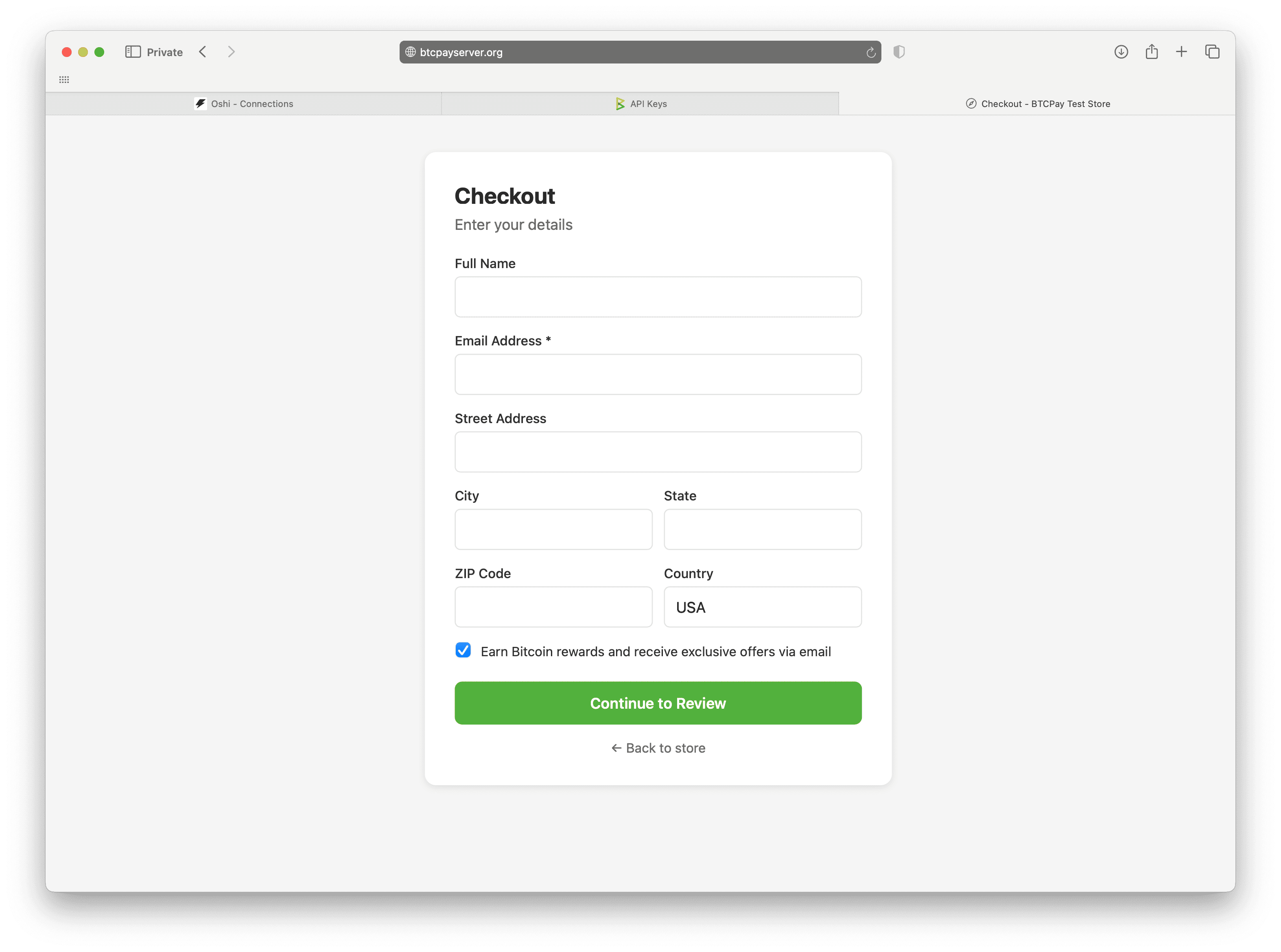 Screenshot of a BTCPay Server checkout form showing customer fields and a checkbox labeled “Earn Bitcoin rewards and receive exclusive offers via email,” demonstrating how an opt-in can be added to rewards.