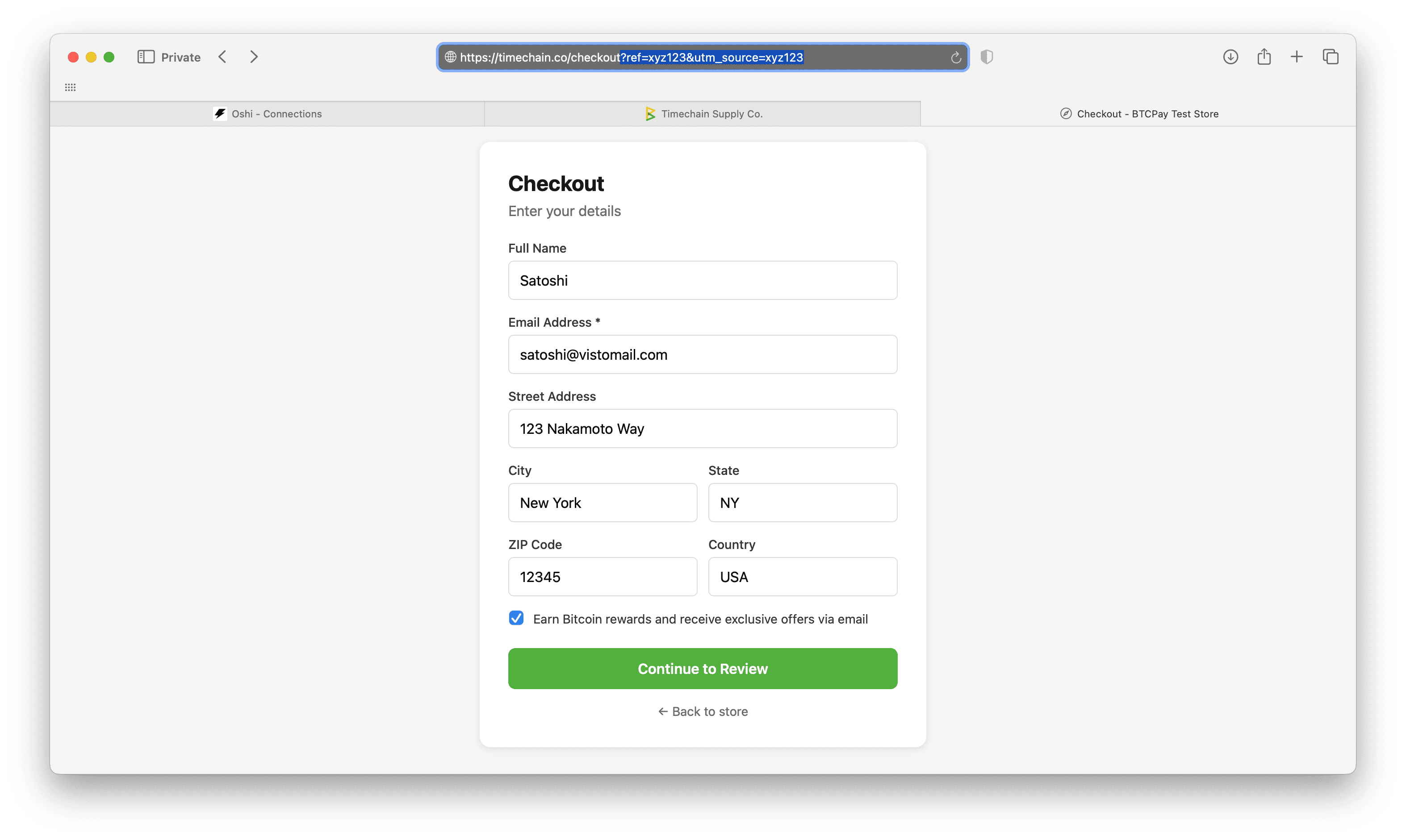 Screenshot of a checkout page with the browser URL containing ref and utm_source query parameters, demonstrating how referral and tracking values are captured before sending data to BTCPay Server.